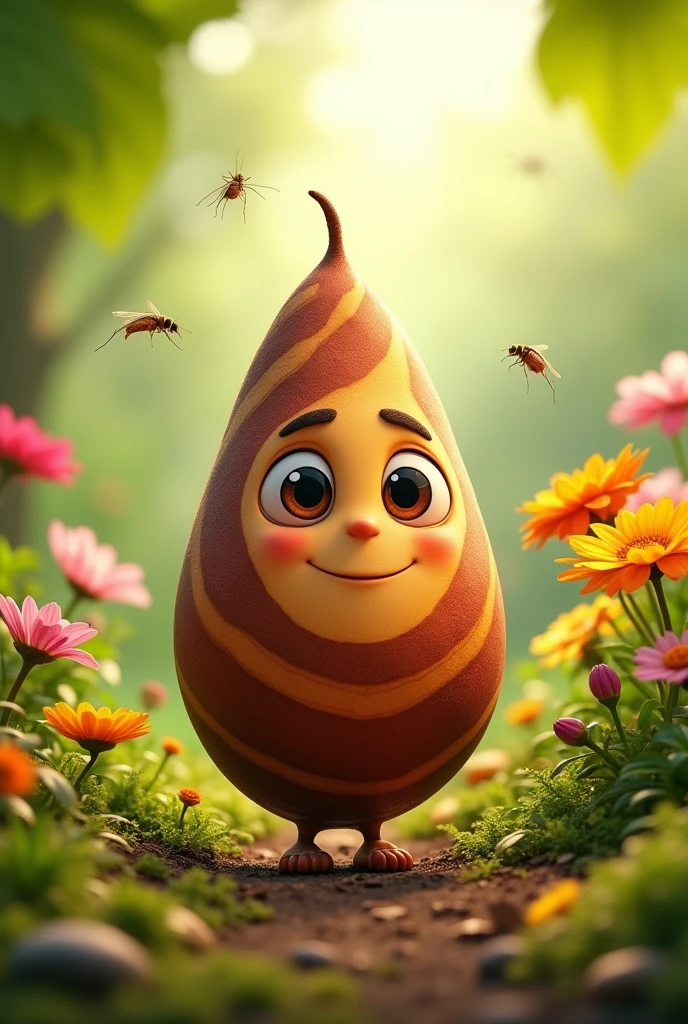 it is a seed named zoi. it is marroon and brown and caramel color. and has no gender. longed shape. it is a SEED it is a character adressed to kids with fearly big eyes