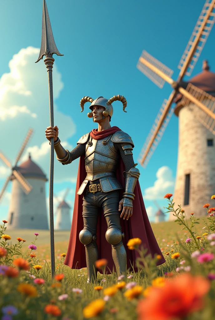 An image of Don Quixote at the windmills and animated by a 3D animated book