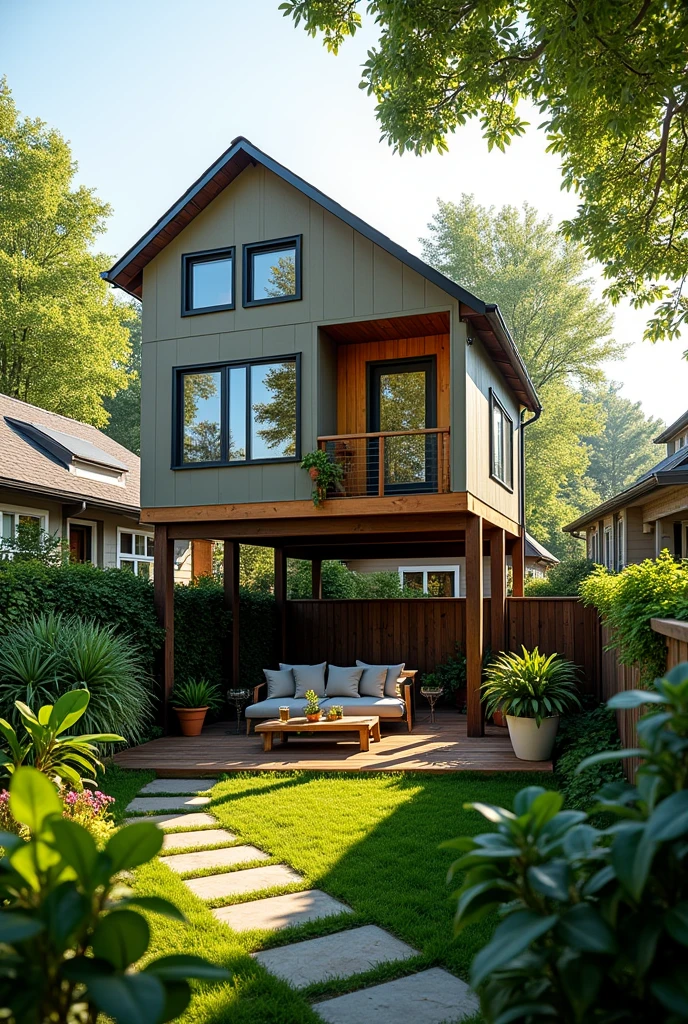 A house that has a green patio below and an elevated and modern house. I want it to be a common house in the city. I want it to be low-budget in a common residential area.