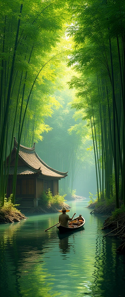 a lush bamboo forest, a tranquil stream running through, a rustic bamboo hut, a fisherman in a small boat, (best quality,4k,8k,highres,masterpiece:1.2),ultra-detailed,(realistic,photorealistic,photo-realistic:1.37),vibrant colors,natural lighting,serene atmosphere,stunning landscape,detailed foliage,reflections in water,traditional asian architecture,weathered bamboo textures,skilled fisherman pose