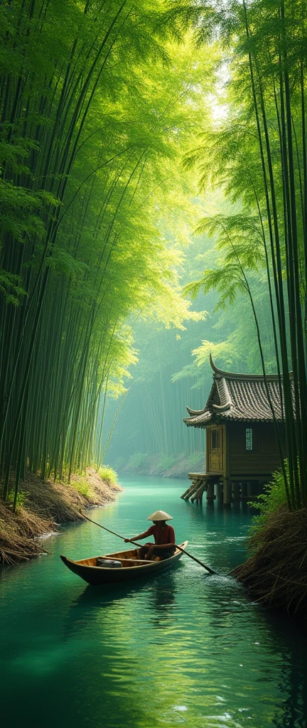 a lush bamboo forest, a tranquil stream running through, a rustic bamboo hut, a fisherman in a small boat, (best quality,4k,8k,highres,masterpiece:1.2),ultra-detailed,(realistic,photorealistic,photo-realistic:1.37),vibrant colors,natural lighting,serene atmosphere,stunning landscape,detailed foliage,reflections in water,traditional asian architecture,weathered bamboo textures,skilled fisherman pose