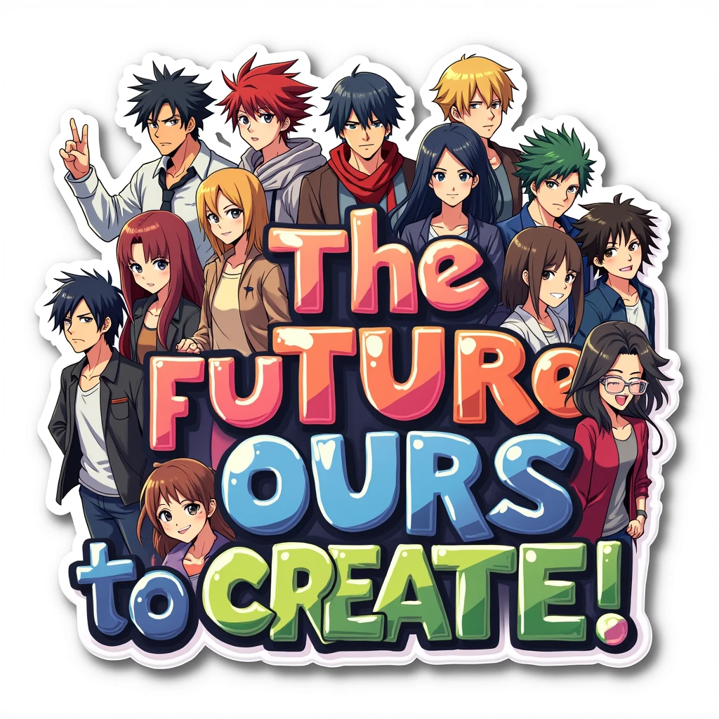 Sticker, "The future is ours to create!" - Highlighting a diverse cast of anime characters united under an inspirational message, on a white background.