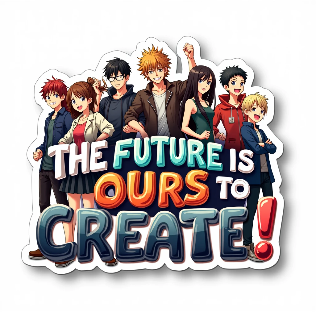  Sticker,  "The future is ours to create!" - Highlighting a diverse cast of anime characters united under an inspirational message, on a white background. 