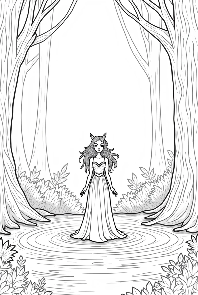 A black-and-white line drawing designed for children to color, showing Verelia standing in a magical forest clearing surrounded by the three guardians: Zephyr, Ignis, and the Protector of the Earth. Zephyr, the spirit of the wind, is depicted as a flowing, airy figure, while Ignis, the guardian of the flames, appears as a majestic being of fire. The Protector of the Earth is a solid figure made of stone and roots. Verelia is in the center with her long, leaf-like hair and cloak, holding her magic staff. The scene includes a circle of ancient trees and a crystal-clear fountain in the middle. The image should have clear, defined outlines with no shading, capturing the harmony and power of the united guardians while being easy and engaging for children to color. The atmosphere should convey unity, strength, and a sense of magical protection.