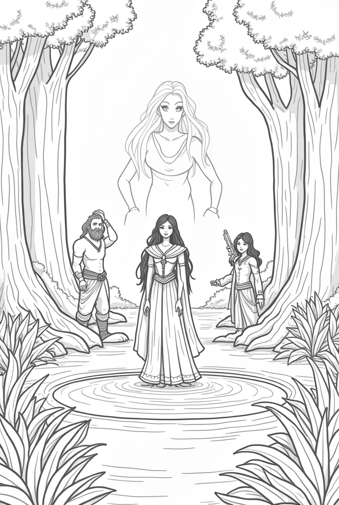 A black-and-white line drawing designed for children to color, showing Verelia standing in a magical forest clearing surrounded by the three guardians: Zephyr, Ignis, and the Protector of the Earth. Zephyr, the spirit of the wind, is depicted as a flowing, airy figure, while Ignis, the guardian of the flames, appears as a majestic being of fire. The Protector of the Earth is a solid figure made of stone and roots. Verelia is in the center with her long, leaf-like hair and cloak, holding her magic staff. The scene includes a circle of ancient trees and a crystal-clear fountain in the middle. The image should have clear, defined outlines with no shading, capturing the harmony and power of the united guardians while being easy and engaging for children to color. The atmosphere should convey unity, strength, and a sense of magical protection.