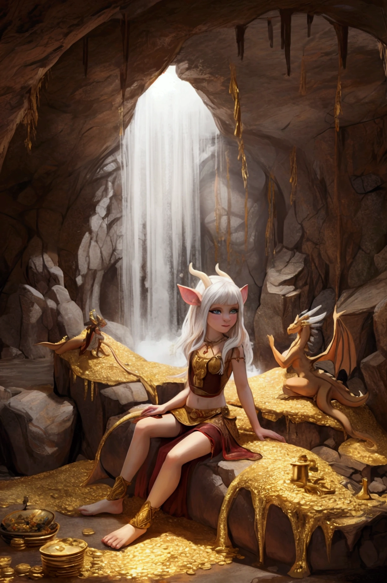 Large white and gold dragon, laying ontop of a humungous pile of golden coins and treasure, inside a cave, waterfall in cave, smoke coming from the dragons nostrils, mysical, mythical, a young beautiful girl with white hair down to her waist, clothing that is tattered and torn stands at the caves enterance looks at the dragon.