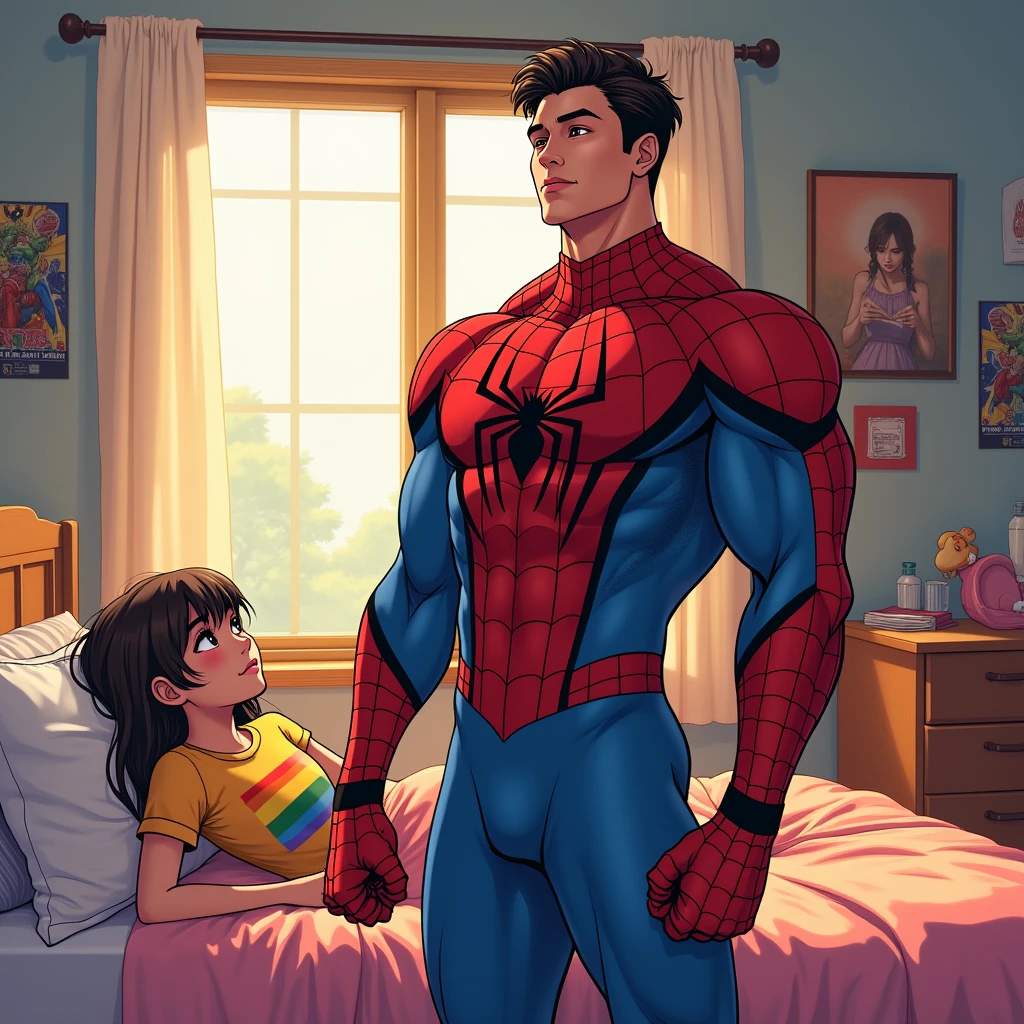 anime art: marvel art style, a masculine 20-year-old male with a big masculine bulge, wearing spider superhero outfit , He's dry humping a sleeping woman wearing lgbt shirt