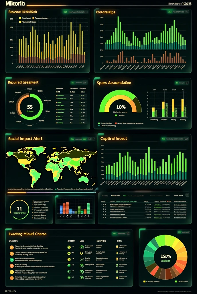 visual: A futuristic dashboard full of dynamic charts, Performance Indicators, and alerts that show the evaluation and monitoring of an AI system. The interface is clear, with real-time graphs and colorful alerts.
colors: A combination of black, lime, and fluorescent orange, resembling an advanced control system.
elements:
Graphs as bars, Trendlines, and pie charts that change as the reader scrolls through the poster, showing different aspects of AI monitoring.
Red alerts that appear highlighting risks and recommendations, as “Required Assessment” and “Social Impact Alert”.
