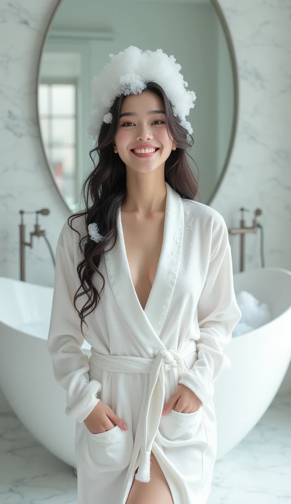 Create an Asian beauty,Standing on the ground,Beautiful beautiful big eyes,Regular facial features,Wearing a white satin bathrobe,Scratch your scalp with both hands,Two hands washing hair on top of head,There is a lot of real white foam and water on the hair,Foam wrap head,Real bubbles,Open your eyes,The expression is happy,The characters are realistic and realistic,Pure white high-end bathroom background,Character front position,9:16 frames,Ultra-high-definition picture quality