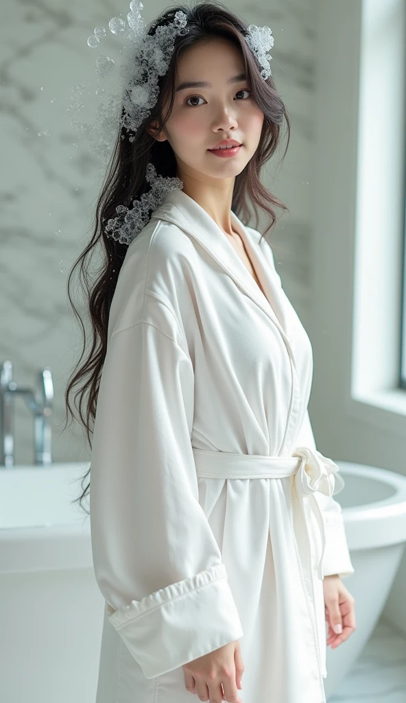 Create an Asian beauty，Standing on the ground，Beautiful beautiful big eyes，Regular facial features，Wearing a white satin bathrobe，Scratch your scalp with both hands，Two hands washing hair on top of head，There is a lot of real white foam and water on the hair，Foam wrap head，Real bubbles，Open your eyes，The expression is happy，The characters are realistic and realistic，Pure white high-end bathroom background，Character front position，9:16 frames，Ultra-high-definition picture quality