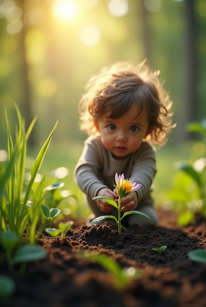  "A small seed sprouting into a beautiful flower, with a  watching patiently, surrounded by soft, warm light and the gentle growth of nature."