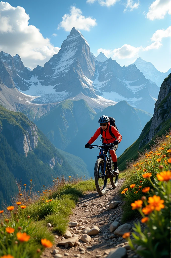 Scene depicting a mountainous landscape with a hiker on a bike. Image dans un style realiste.