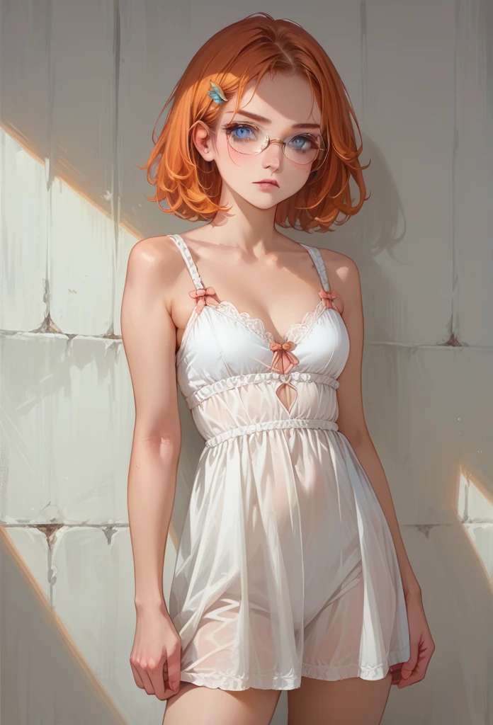 8k, masterpiece, best quality, realistic, highly detailed, cowboy shot, 1girl,  , solo,  serious looking girl, medium-length hair, expressive, reddish-orange hair, a pair of star-shaped hairpins near both of her eyes, dark blue eyes, average height, well shaped erotice, glasses, cute, sexy tiny x- lingerie 