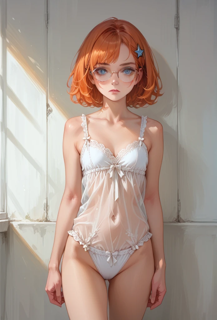 8k, masterpiece, best quality, realistic, highly detailed, cowboy shot, 1girl, erotic , solo, serious looking girl, medium-length hair, expressive, reddish-orange hair, a pair of star-shaped hairpins near both of her eyes, dark blue eyes, average height, well shaped erotic figure, glasses, cute, sexy tiny x-mas lingerie