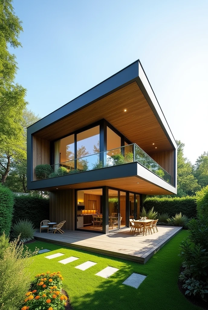 House that has a green patio below and the house is elevated and modern I want it to be the common house in the city That it be low budget in a common residential area Make it a little bigger like a 400 m2 plot