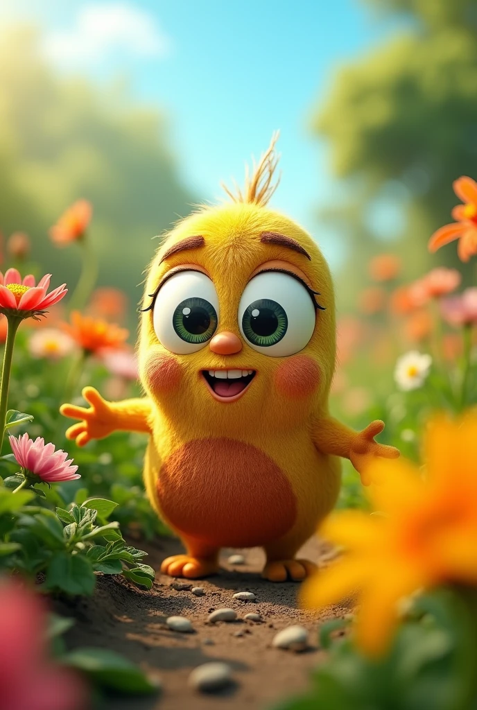 it is a seed named zoi. brown and yellow color. and has no gender. longed shape. it is a SEED it is a character adressed to kids with fearly big eyes