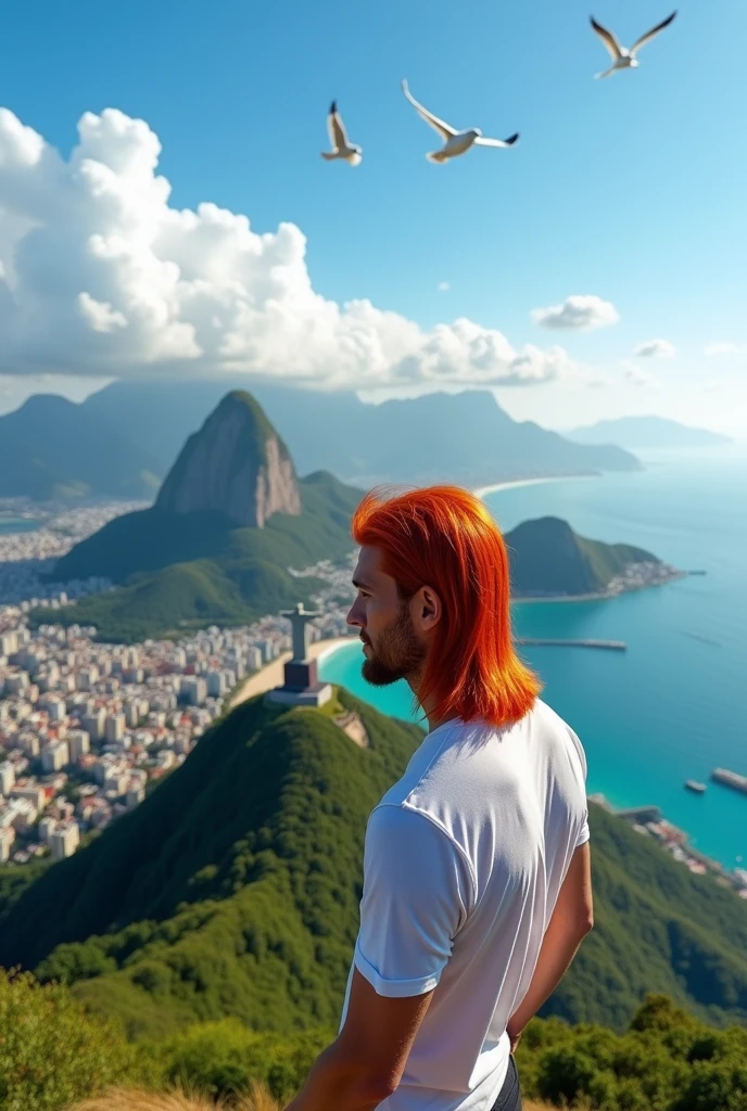 Red-haired man with straight hair in front of Christ the Redeemer in Rio de Janeiro