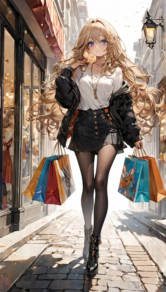 Beautiful girl with super detailed eyes, many beautiful details, very beautiful, with a lot of shopping bags, Whole body 