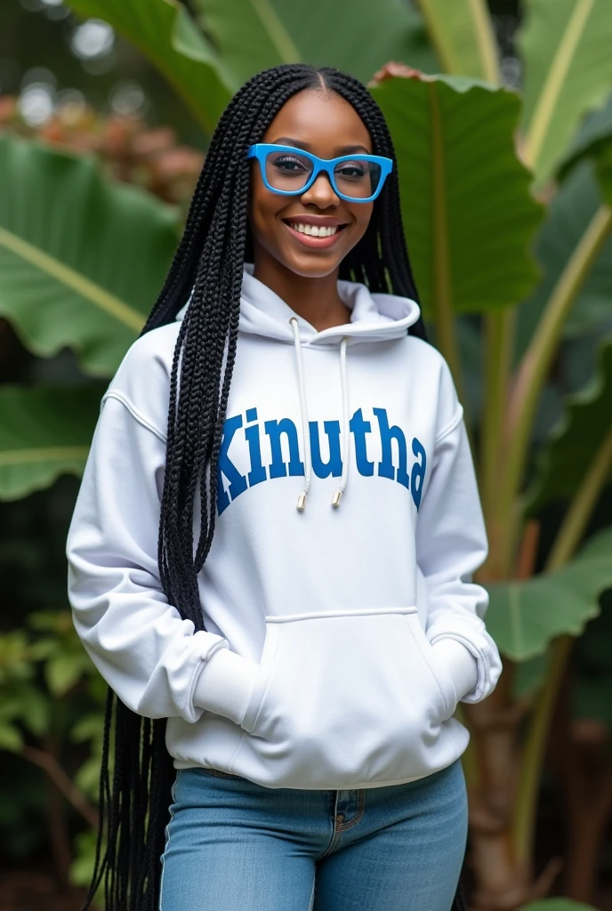 (photorealism:1.2), beautiful black African woman,22 years,sharp boobs,,wearing jeans and a fitting white hoodie written "Kinuthia", smiling,long braids,oversized blue glasses, standing , plants in background, Beyonce inspiration