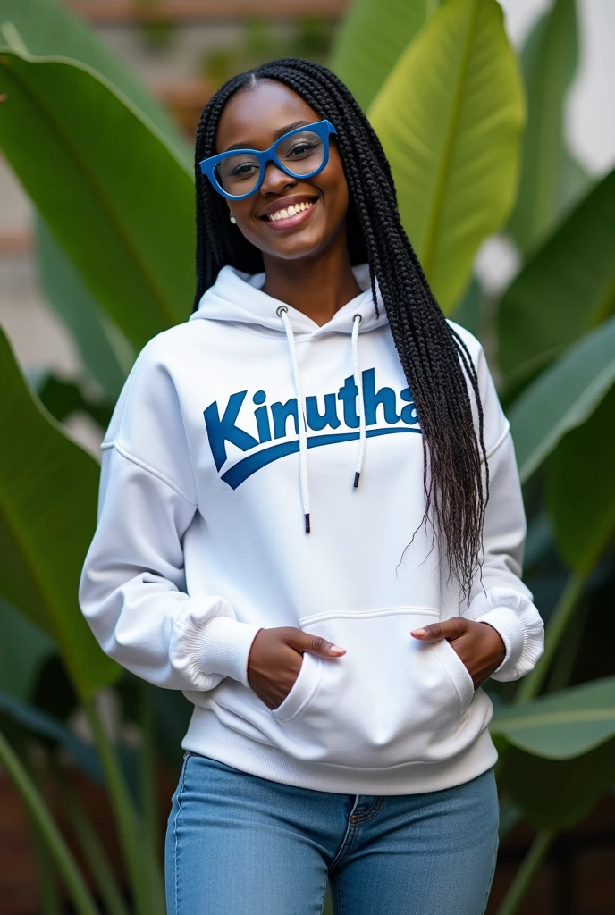 (photorealism:1.2), beautiful black African woman,22 years,sharp boobs,,wearing jeans and a fitting white hoodie written "Kinuthia", smiling,long braids,oversized blue glasses, standing , plants in background, Beyonce inspiration