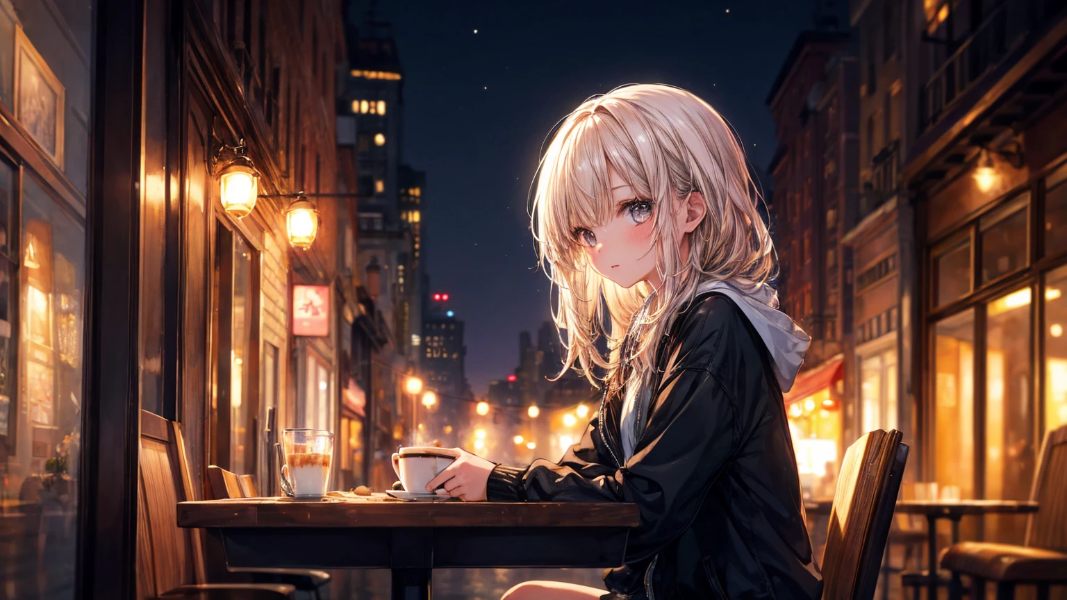 ((Highest quality)), ((masterpiece)), (detailed), 1girl, Cafe, night, Warm Light, watercolor, blurry background