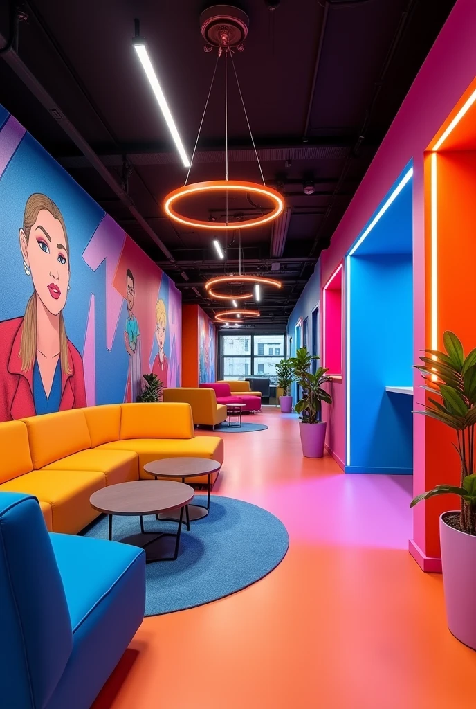 Interior design, Area 18mt depth 6 width 5mt, advertising agency, colors blue orange fuchsia