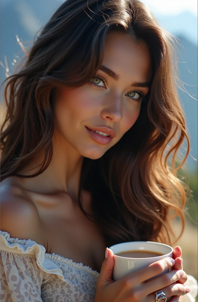 ((long shot)) brunette influencer with long, naturally wavy hair, green eyes, sexly, big , enjoying a coffee in the mountains, elegant and modern look, relaxing, Calm, extravagant , 8k, extremely detail, photorealestic, Details Complicated, Realistic skin texture, realistic hair, Textur, Happy, 8K UHD, best quality, High resolution, attention to details, very large , long shot, wide angle,(big boobs)