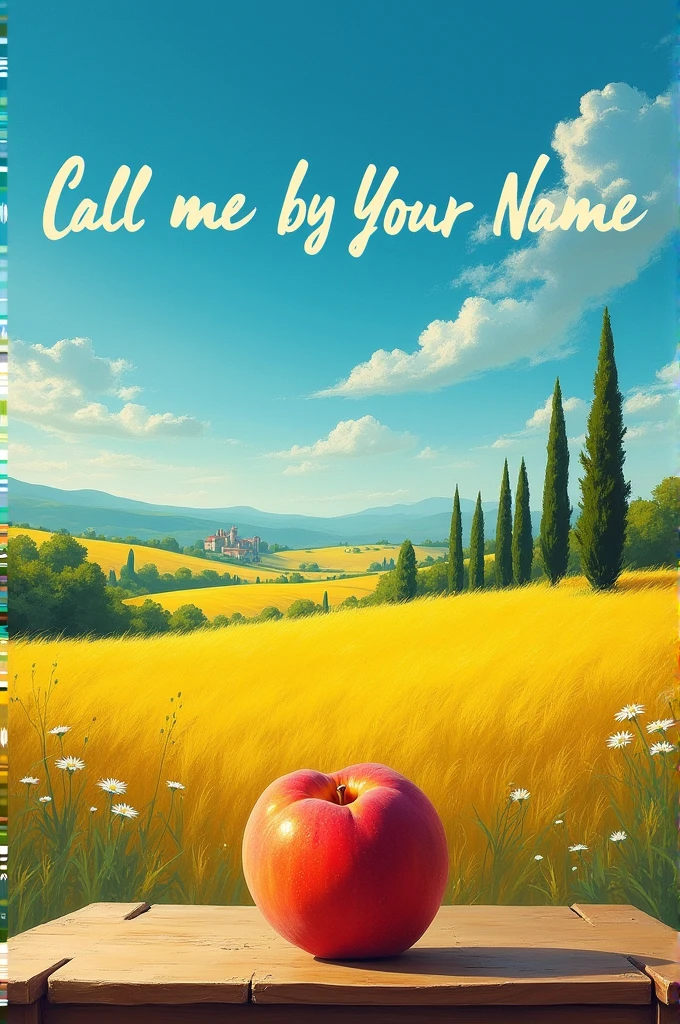 A creative cover of the movie “Call Me By Your Name” with essential elements of the movie without using the characters