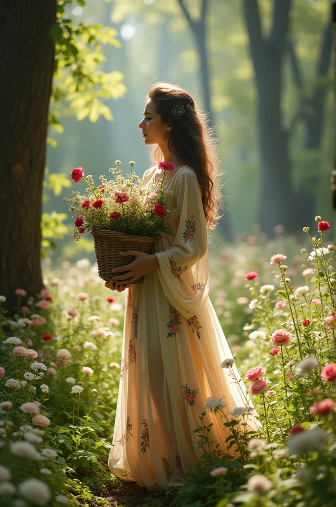 Create a spring image for a shamanic ritual that engages women's emotions, tones that remind us of spring, white and red roses and also flowers that match these roses, a woman holding a basket of flowers picked from this image that will be created as if it were a forest garden