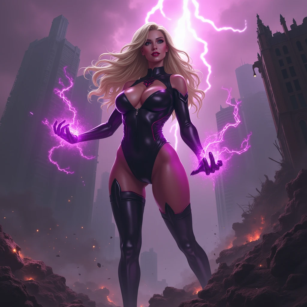 Beautiful and seductive, overflowing with dark power, an evil villainess floats above the recently destroyed husk of a heavily populated city. Dark purple tendrils of energy flow across her lithe fingers. Blonde hair with side swept bangs, glossy red lips curled into a sinister smirk as see views the destruction with glee. Across her body, a skintight costume made of black with accents of pink reflect the power flowing from her godlike form. Evil triumphs.