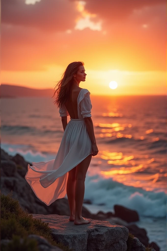 A Greek woman watching a sunrise wearing a short skirt and a low-cut white blouse, big breasts, hyperrealistic