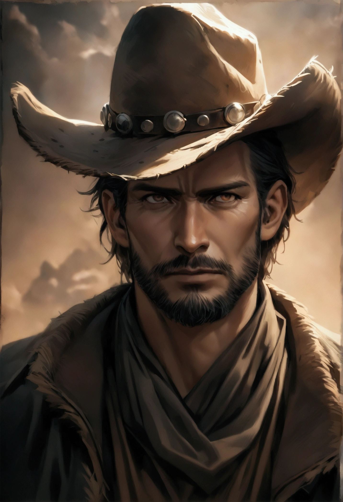 Make a western outlaw with a robust and charismatic appearance, his posture must be heroic and authoritative. He is approximately 35 years old with short hair and a ruthless, dangerous look. He is tall, thin, and lanky. His face shows determination and rugged masculinity, with piercing eyes that have seen many battles. He has a short beard that adds to his authoritative appearance. He is wearing a cowboy hat and prospector clothes. draw the character from the front. high quality, detailed, expressionistic, moody colors, dramatic shadows and highlights, gritty, artwork, 8K, photorealistic