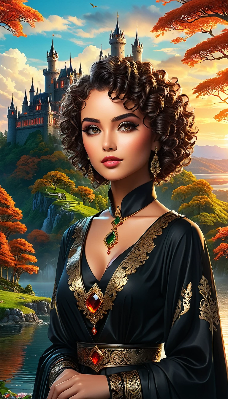 A stunning woman, short curly hair, fiery eyes, detailed black robes, jewelry, choker, in a detailed and intricate fantasy landscape with a majestic castle, rolling hills, a sparkling lake and a magical forest in the background (best quality, 4k, 8k, high resolution, masterpiece:1.2), ultra-detailed, (realistic, photorealistic, photorealistic:1.37), digital art, concept art, dramatic lighting, warm color palette, lush foliage, detailed architecture, ornate decorations , fantastic elements