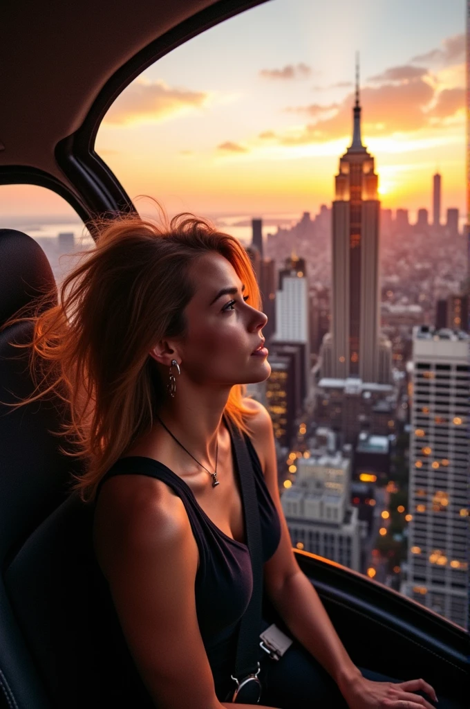 Woman traveling by helicopter over New York City