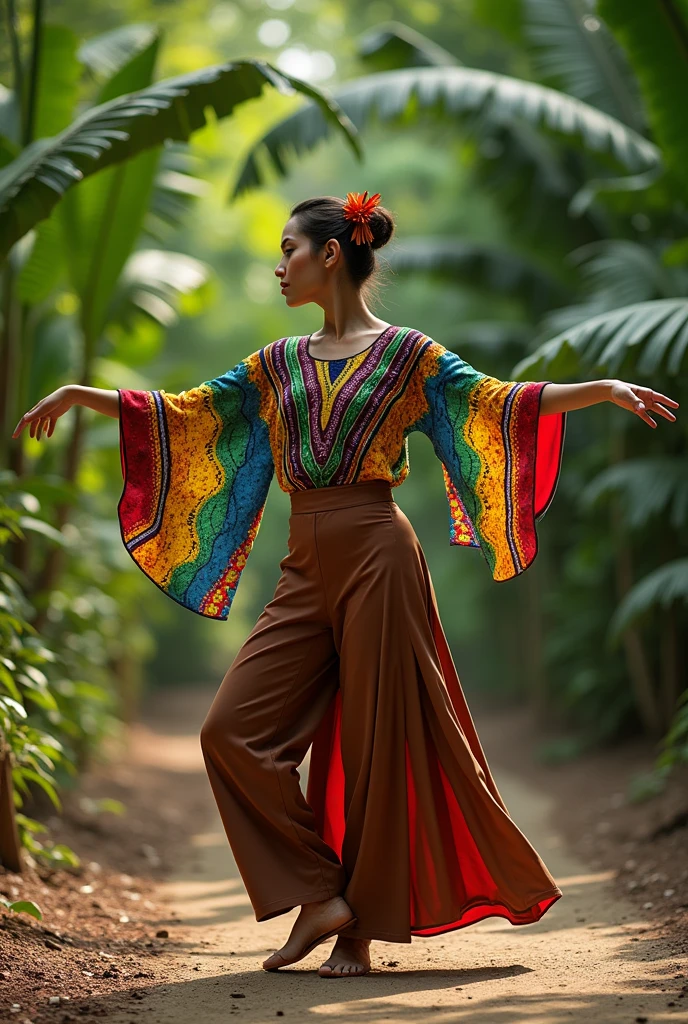 Create a dance costume for me that pays homage to the indigenous peoples of Tocantins. I need brown pants and a blouse in the colors of the Tocantins flag that is easy to make..
