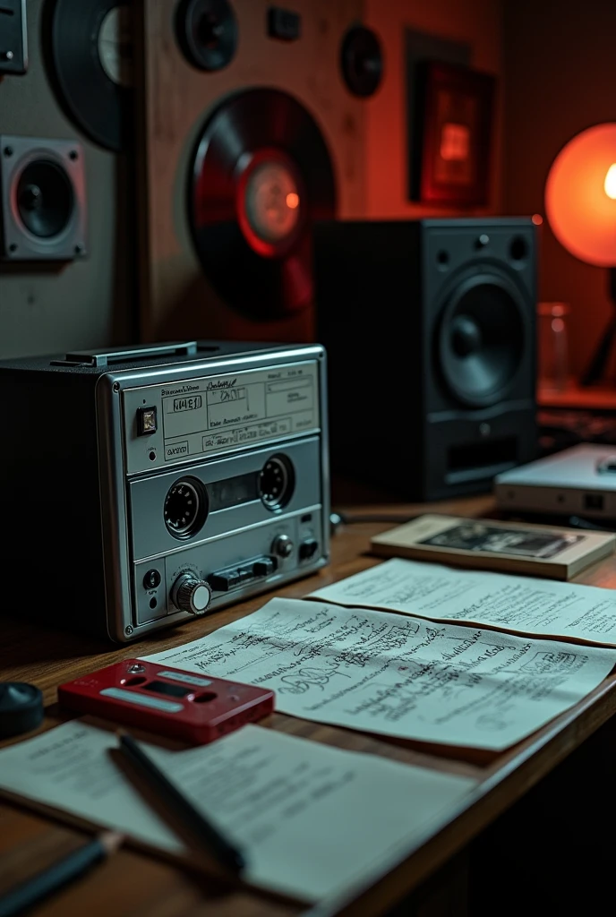 80s grey tape recorder on a desk, a cassette that says MAD RED as its title, On the desk there are also loose sheets with pencil and writings, the room is dark, has vinyl and sound monitors