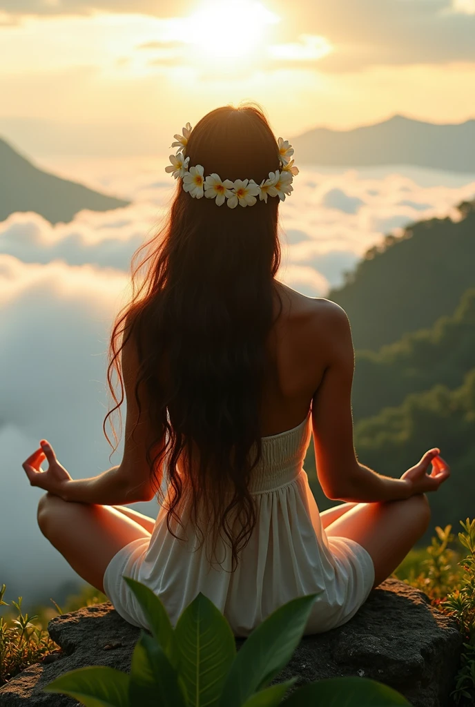 beautiful woman , meditation , meditation , Luxuriant , island , above the cloud, front view ,8k HD high definition 8k UHD, DSLR, perfect hand