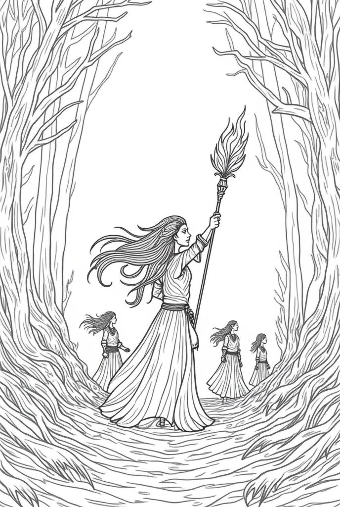A black-and-white line drawing for children to color, depicting the dramatic scene of Verelia and the three guardians confronting the encroaching darkness in the forest. Verelia stands at the center with her magic staff raised high, her long, leaf-like hair and cloak flowing with the energy of her spell. Zephyr, the spirit of the wind, is shown creating swirling gusts to push back the shadows, while Ignis, the guardian of the flames, unleashes controlled fire to light up the scene. The Protector of the Earth strengthens the ground, showing a solid presence. The darkness is represented as a swirling, shadowy mass encroaching upon the clearing. The image should have clear, defined outlines with no shading, capturing the intensity of the confrontation while remaining easy for children to color. The atmosphere should convey a powerful clash between light and dark