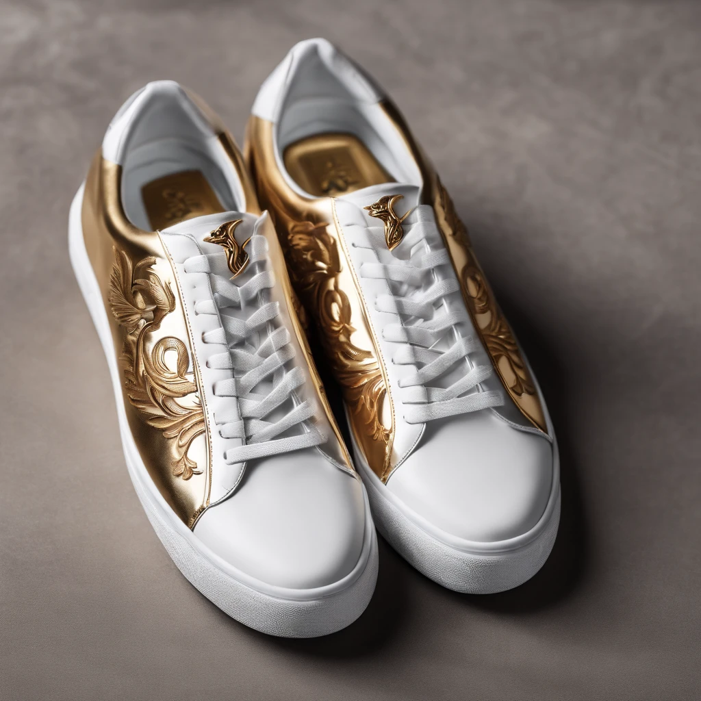 White sneakers with the logo being a golden phoenix