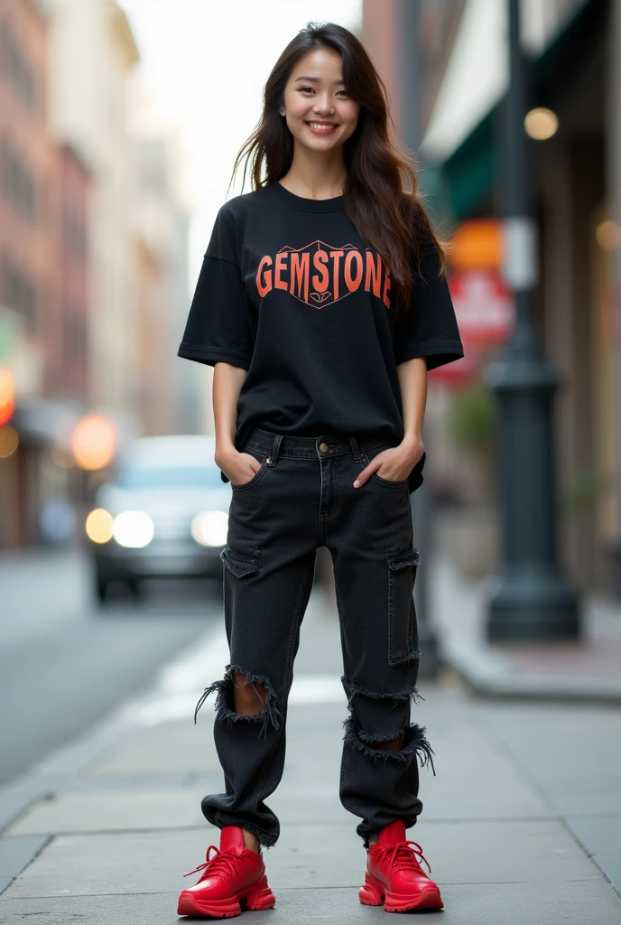 Beautiful asian woman, face looking at camera, bright and clean face, wearing a black shirt text t-shirt "Gemstone", black jeans slightly torn, red thick sneakers shoes, stand