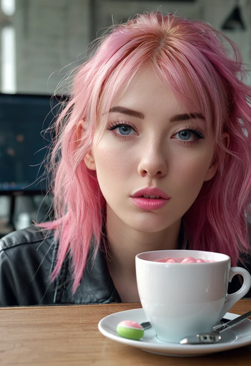 (((masterpiece, Very detailed, ultra retina, wide shot, ultra wide angle, masterpiece, Best quality, 16 thousand., uhd, super detail))), perfect face, short hair, Anatomically correct, textured leather, chromatic aberration abuse, (detailed face), detailed eyes, (((((Chewing gum pink hair))))) , ((cup C)), Doe eyes, wear fishing nets, (((A computer in the background))), (((long hair))) 