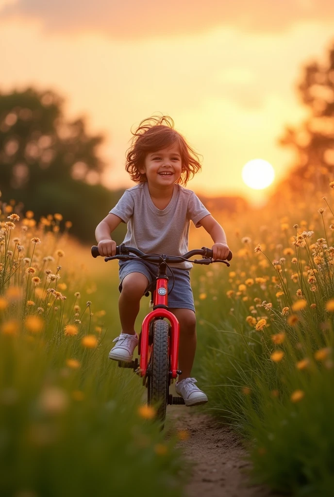 "A child riding a bicycle down a gentle hill, with the wind blowing through their hair and a wide smile on their face, surrounded by the vibrant colors of the sky and nature."