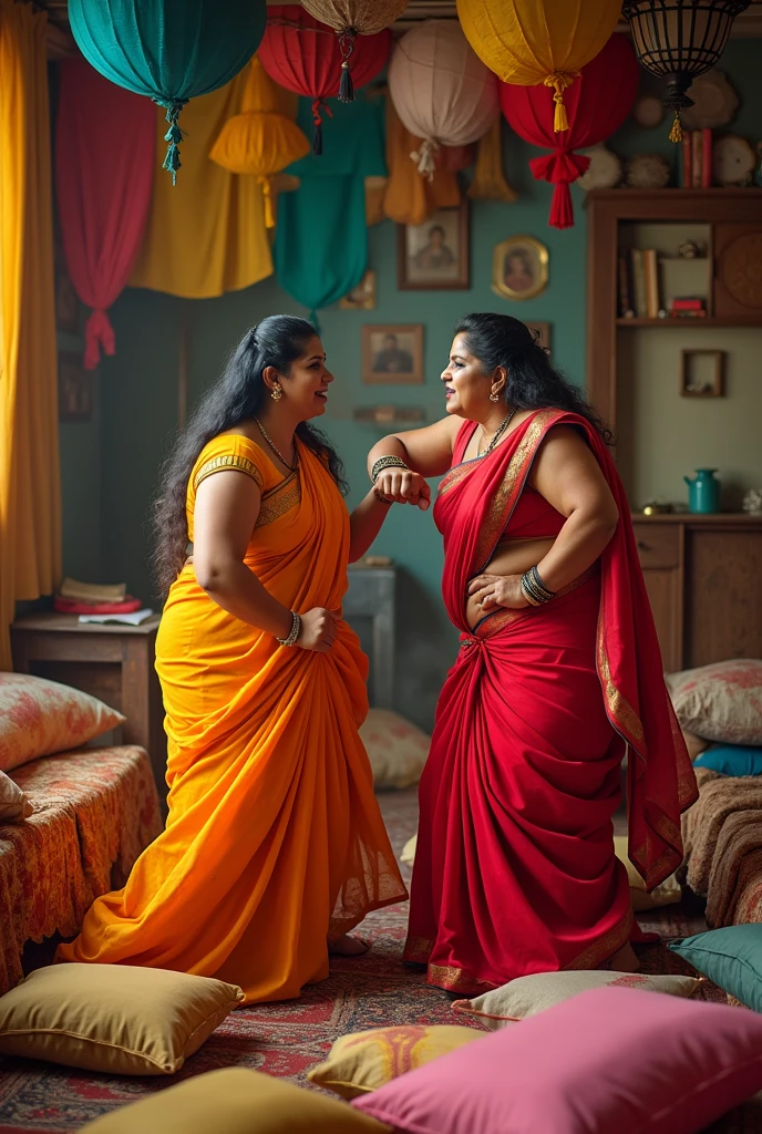 Two angry bubly fat women catfight in saree in room