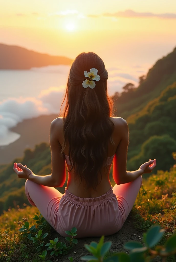 beautiful woman , meditation , meditation , Luxuriant , island , above the cloud, front view ,8k HD high definition 8k UHD, DSLR, perfect hand