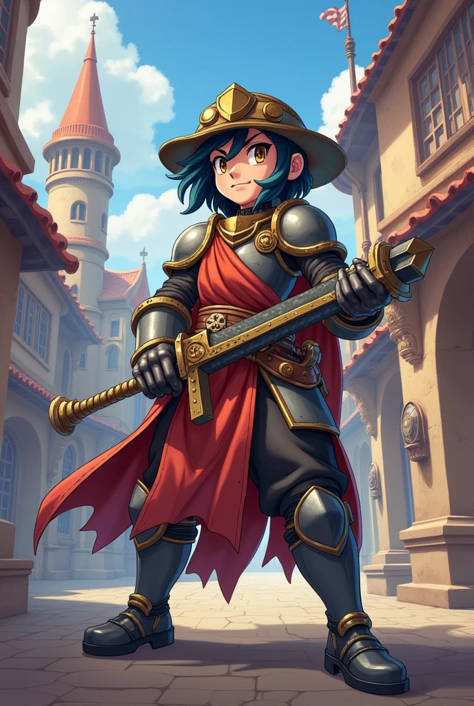 "Create a character in a medieval steampunk setting, using the art style reminiscent of Pokémon. The character is a fierce rival in a turn-based battle game, dressed in a blend of medieval armor with steampunk elements. They wield a weapon that combines traditional and mechanical features, and their expression shows determination and strength. The environment should include a mix of medieval architecture and steampunk machinery, with vibrant, harmonious colors."