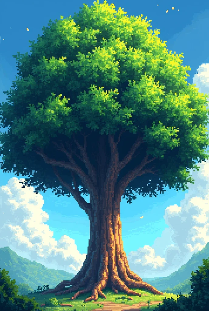 Create a pixel art image of a lush, vibrant tree with a wide, dense canopy. The tree should have dark green leaves with a mix of lighter green highlights to give it depth and texture. The leaves should be arranged in clusters, creating a layered, organic look. The trunk should be thick, with a rough, textured bark in shades of brown, and roots that spread slightly at the base. The overall style should be reminiscent of the art seen in classic JRPGs like Octopath Traveler, with a blend of retro pixel art and modern shading techniques.