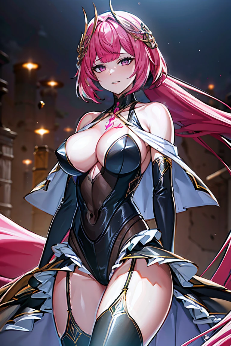 Smooth and Flawless Skin, Expressive and Captivating Eyes, Well-Defined Facial Features, Radiant and Healthy Glow, Perfectly Proportioned Face, Graceful and Symmetrical Features, Fine Details and Realistic Texture, cute face, absurdres, vivid color, beautiful portrait of cute anime girls, anime best girl, anime screencap, anime style, finely detailed, insanely detailed, exquisite, fantastic, amazing quality, top quality, professional quality, high quality, finely quality, official art, production art, super detailed skin, clear eyes, light eyes, light image, gleaming skin, oil skin, shiny skin, accurate face parts, cinematic, extremely detailed beautiful face and eyes, fair skin, 16k, 32k, 16k portrait, 32k portrait, masterpiece, Highest quality, ultra Detailed beautiful face and eyes, Detailed eyes, High resolution, beautiful, super fine illustration, extremely detailed unity cg 8k wallpaper, fearless face, perfect eyes, deep detailed eyes, perfect face, low ponytail, pink hair, hair ornament, pink eyes, leotard, zipper, white showgirl skirt, bare shoulder, thighighs, thigh high boots, bare thighs, cleavage, cleavage cutout, adult face, elbow gloves, jewelry, garter belt, garter straps, (((chest tattoo))), hair between eyes, evil grin, perfect hands, perfect fingers, five finger, four finger and one thumb, skin tight, straight bangs, beautiful hair, (((very long skirt))), sexy, chest cross cloth, perfect hair, extremely ultra detailed beautiful hair,