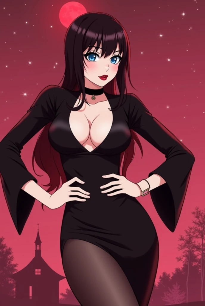 women, 32K, cowboy shot, anime style, girl in black dress, low-cut dress, round breasts, big breasts, tits, long shiny black hair, wearing black tights and high heels, Crystal blue eyes, Red lips,  feminine curves, voluptuous, with hands on waist, wearing gothic dress, posing outside an abandoned house at night with the full moon in the sky, wearing black choker, 