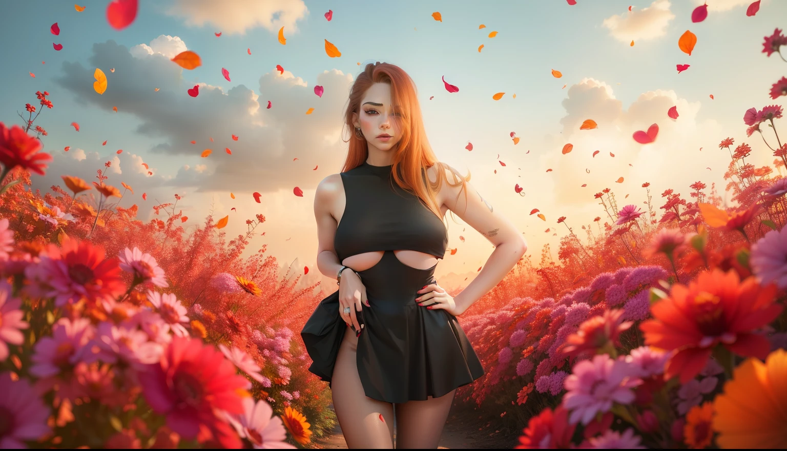 a cute girl with long red hair, wearing a black dress, black pantyhose and red painted nails, beautiful detailed eyes, beautiful detailed lips, extremely detailed face, longeyelashes, realistic, photorealistic, photo-realistic:1.37, (best quality,4k,8k,highres,masterpiece:1.2),ultra-detailed, HDR, studio lighting, extreme detail description, vivid colors, dramatic lighting, dark fantasy, chiaroscuro