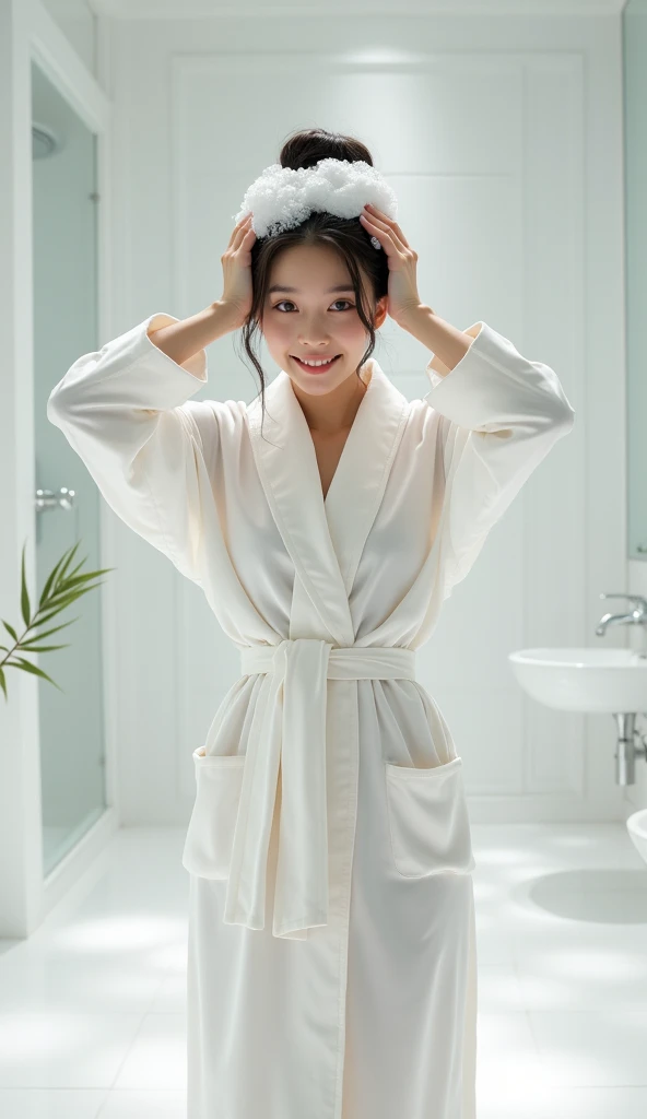 Create an Asian beauty,Standing on the ground,Hair in a bun,Beautiful beautiful big eyes,Regular facial features,Wearing a white satin bathrobe,Scratch your scalp with both hands,Two hands washing hair on top of head,There is a lot of real white foam and water on the hair,Foam wrap head,Real bubbles,Open your eyes,The expression is happy,The characters are realistic and realistic,Pure white high-end bathroom background,Character front position,9:16 frames,Ultra-high-definition picture quality